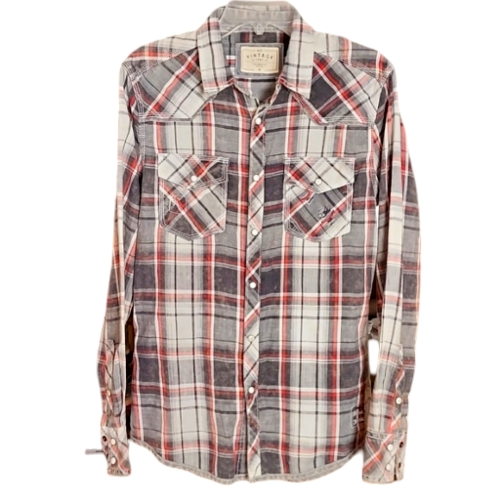 BKE Snap Button Distressed‎ Western Plaid Flannel Shirt Men's Medium